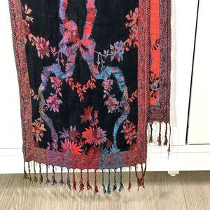 Sacred Threads Scarf Rayon Colorful Floral Bows Fringe Boho Artsy Rectangle